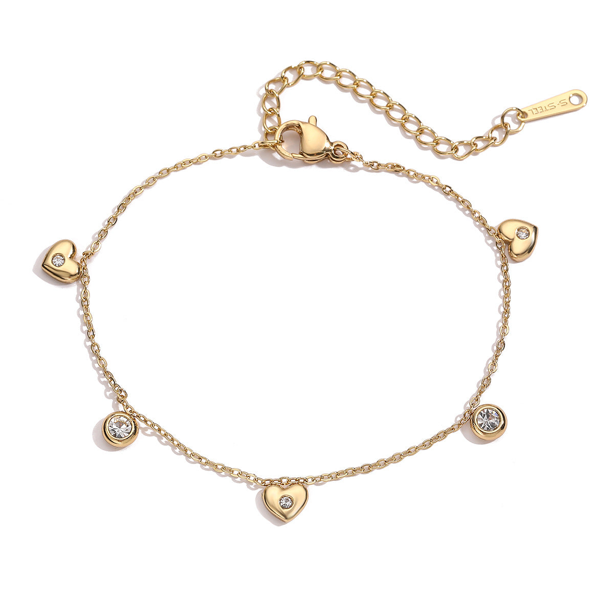 Minimalist Elegant 18K Gold Plated Stainless Steel Heart Geometric Cubic Zirconia Bracelet for Women