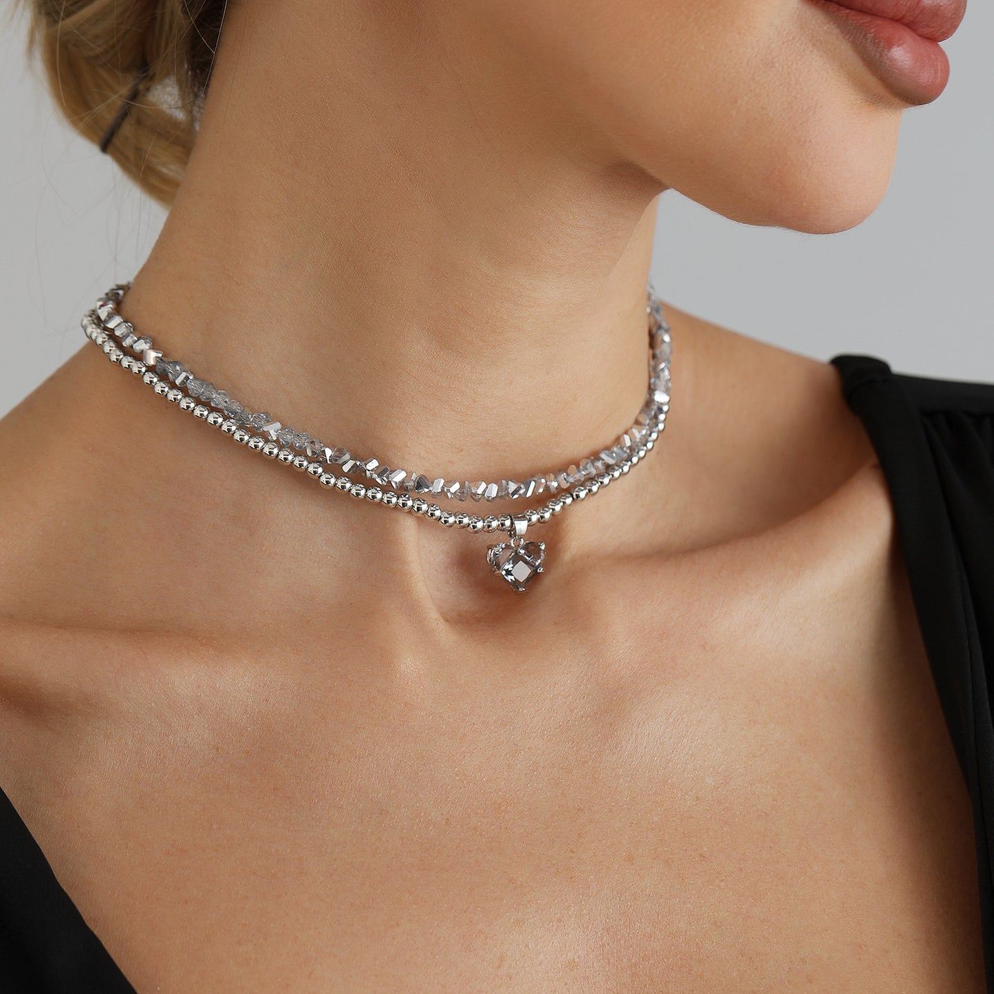 Casual Irregular Crushed Ice Beaded Heart Geometric Alloy Plated Double Layer Necklace for Women
