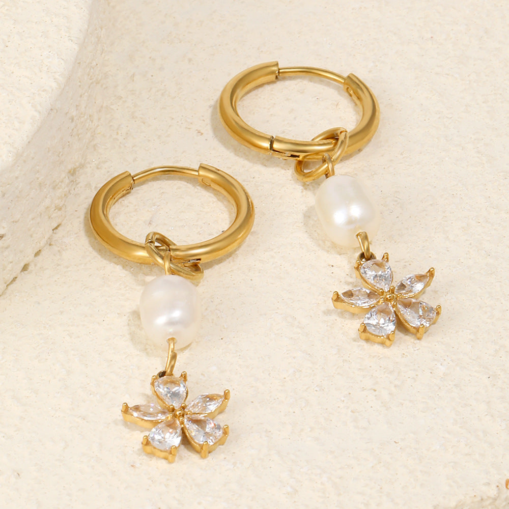 Elegant Luxury 18K Gold Plated Stainless Steel Floral Pearl Tassel Earrings for Women