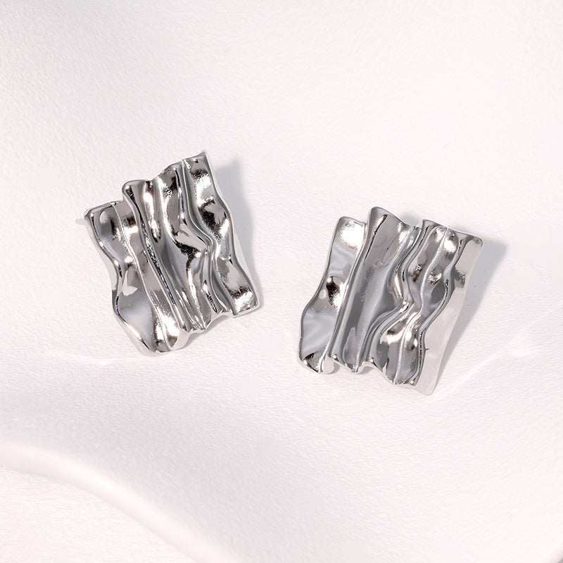 Vintage French-Style Textured Irregular Geometric Stainless Steel Earrings for Women with Gold Plating