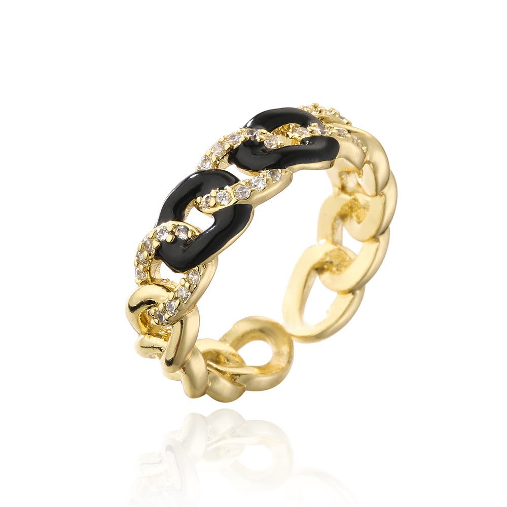Anello aperto geometrico minimalista da donna in rame placcato oro 18 carati con zirconi micro-incastonati