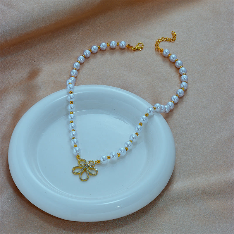 Vintage-Inspired Floral Pearl Necklace with Rhinestone Accents, Titanium Steel Plated, Handwoven Chain for Women