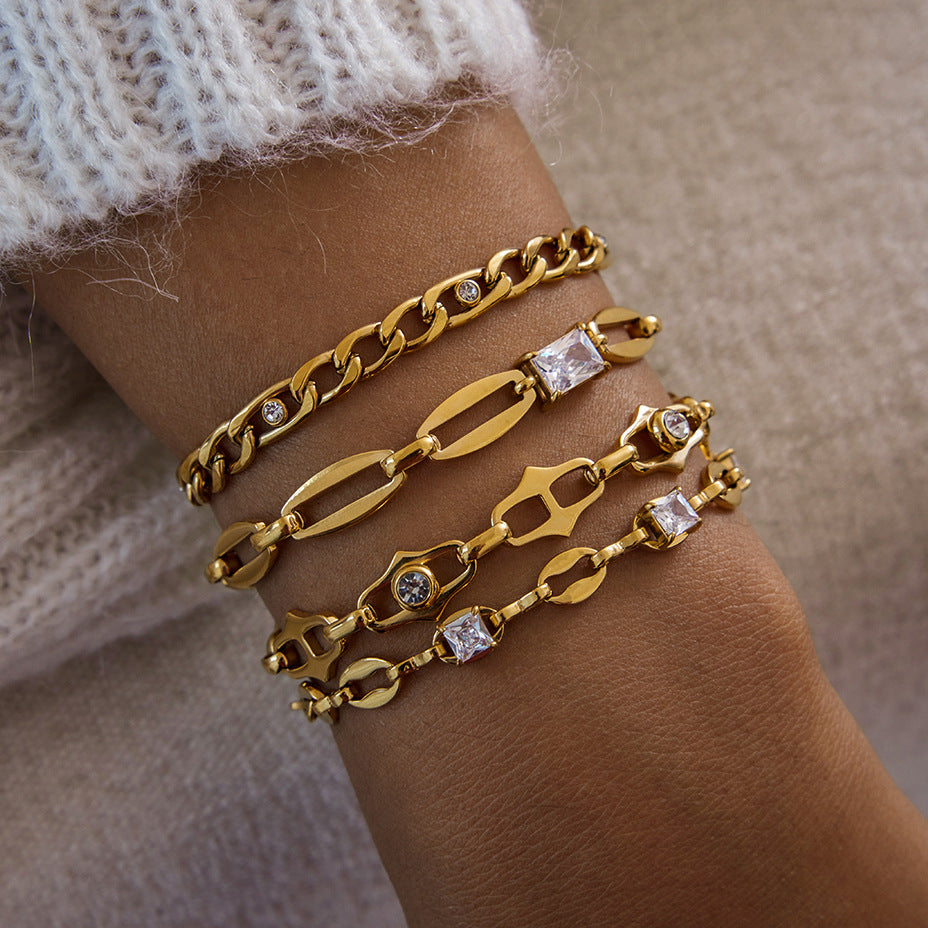 Bracciale Lusso Minimalista Geometrico in Acciaio Inossidabile Placcato Oro 18K con Strass da Donna