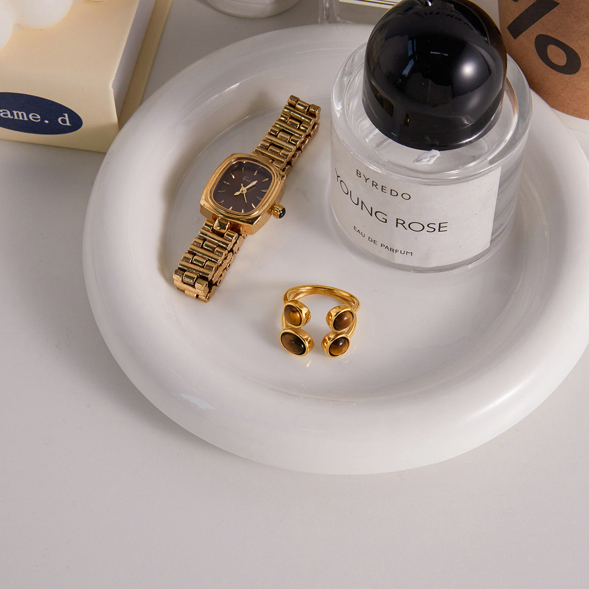 Fashion Geometric Round Tiger's Eye Stainless Steel Ring with 18K Gold PVD Finish for Women