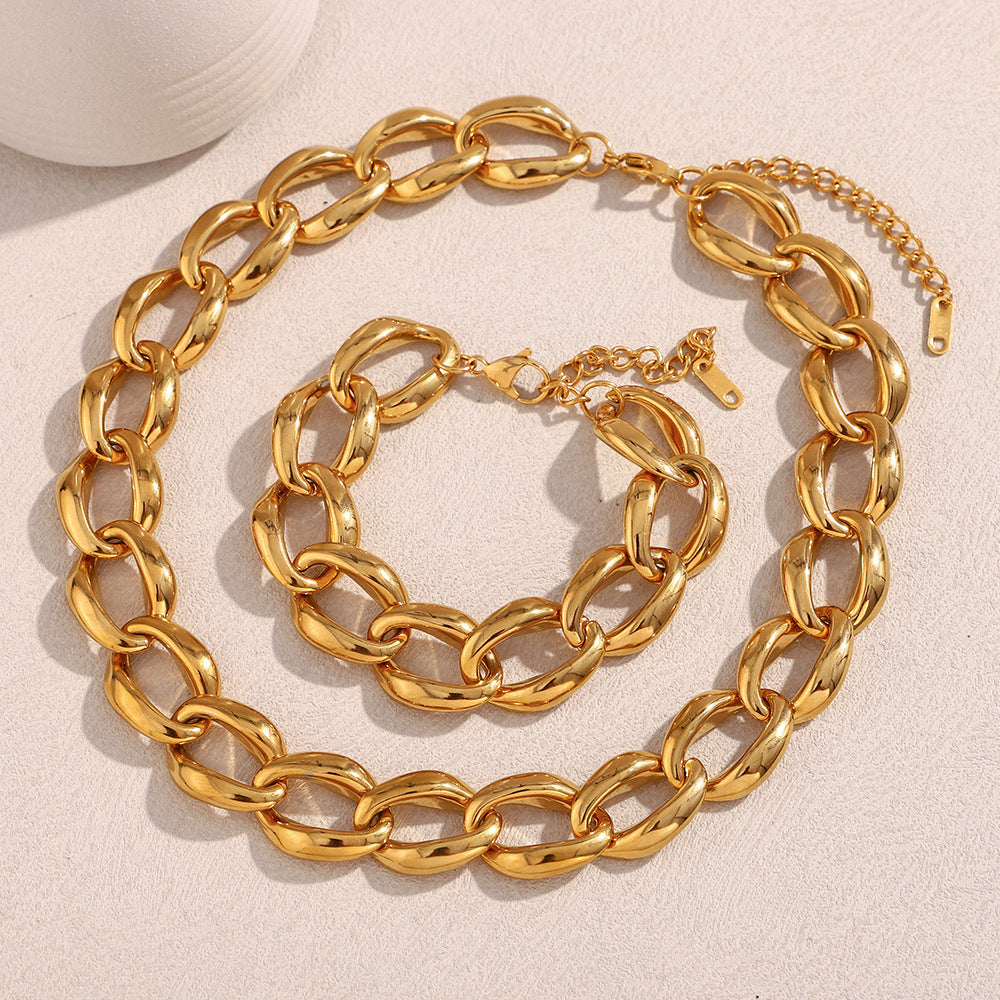 Minimalist Geometric Stainless Steel Plated 18K Gold Necklace and Bracelet Set for Women