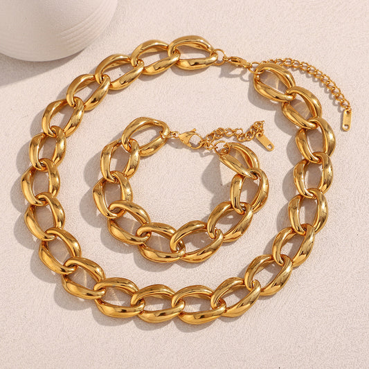 Minimalist Geometric Stainless Steel Plated 18K Gold Necklace and Bracelet Set for Women