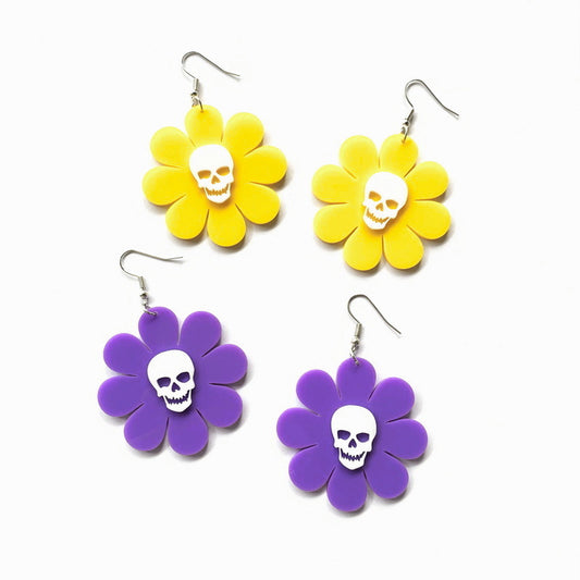 Pendientes colgantes de acrílico con diseño de calavera estilo dibujo animado y motivos florales con cierre de gancho para mujer
