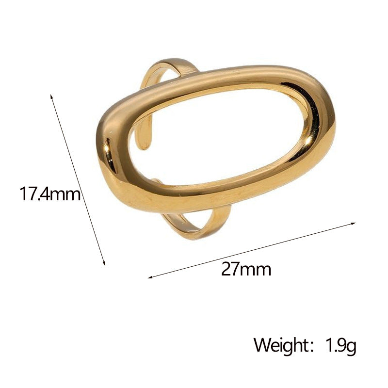 Minimalist Cold-Tone Stainless Steel Geometric Hollow Oval Gold-Plated Adjustable Ring for Women