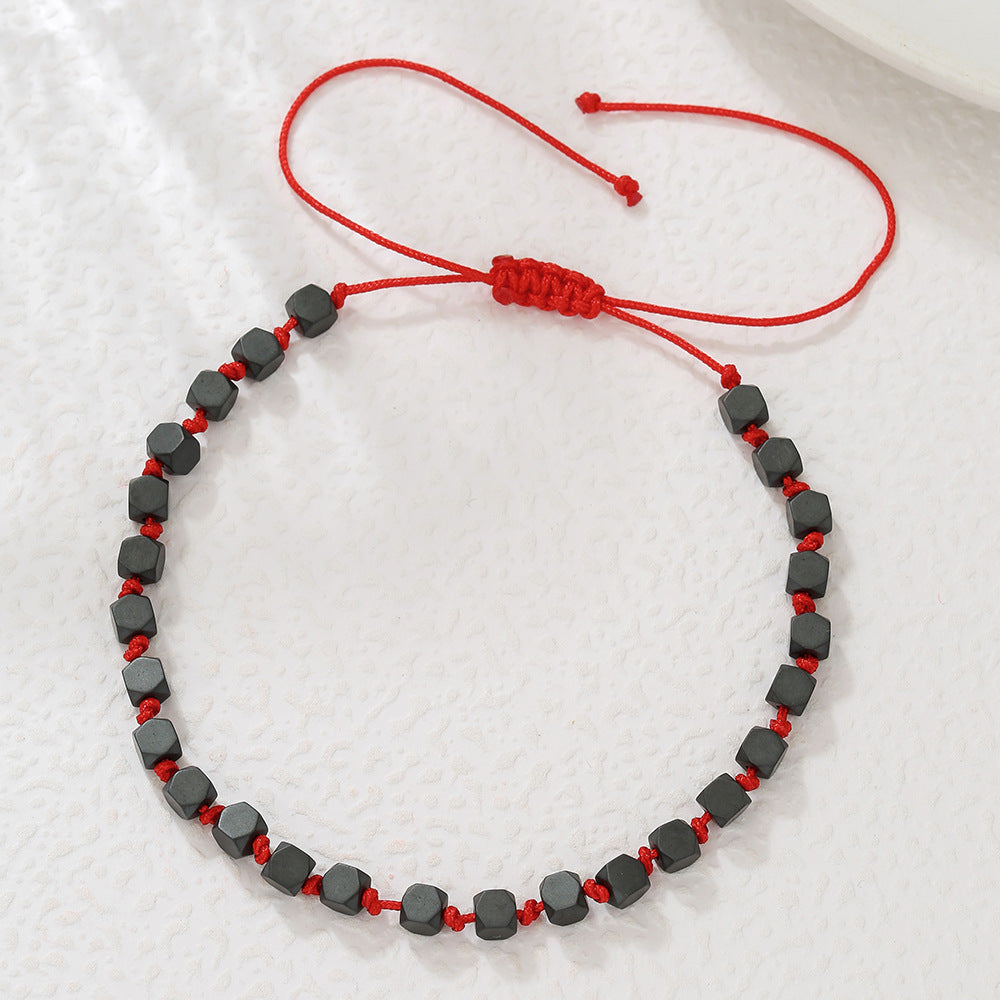 Fashion Geometric Glass Bead Handmade Bracelet with Red Cord and Gold Beads for Unisex