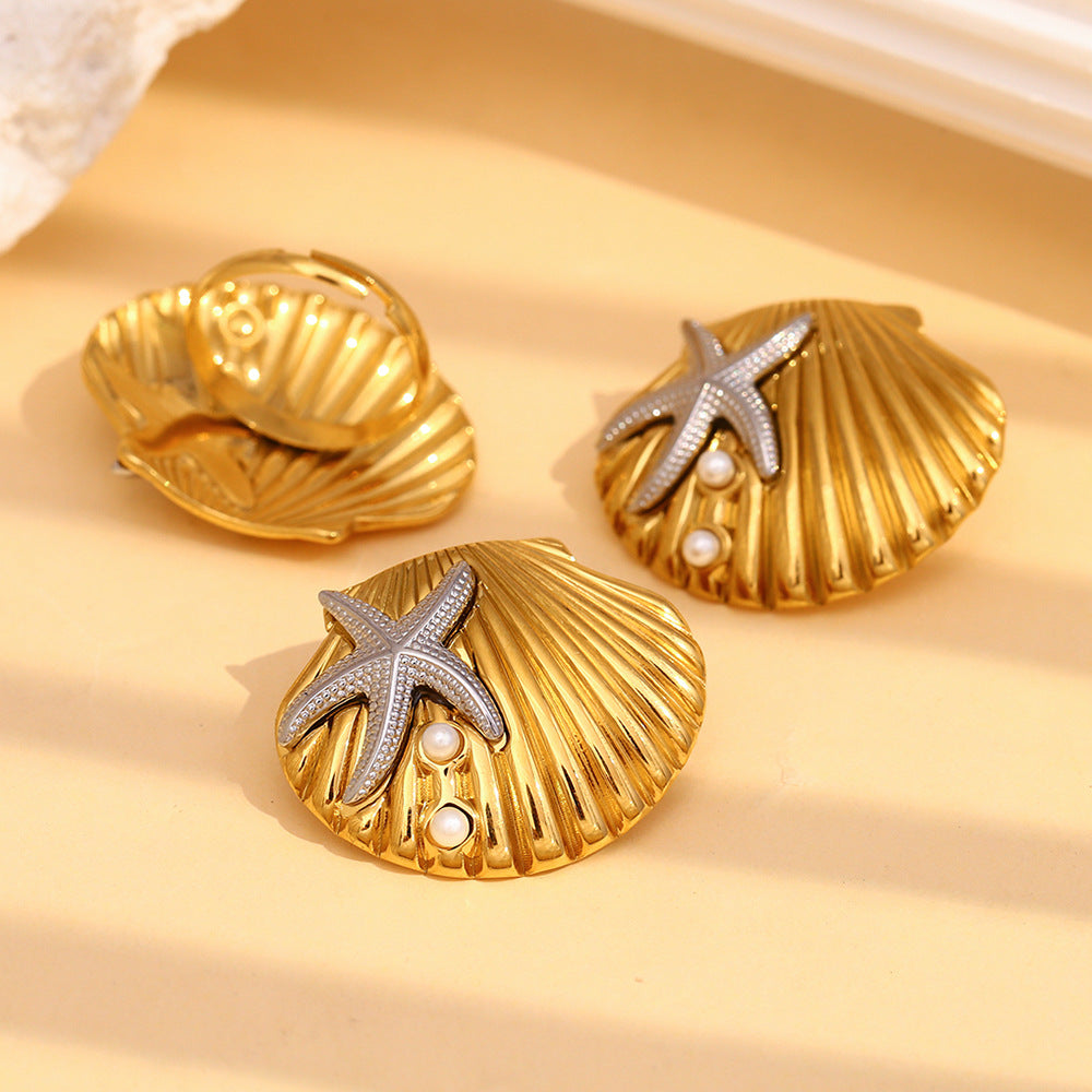 Minimalist Starfish and Scallop Shell Earrings in Stainless Steel with 18K Gold Plating for Women