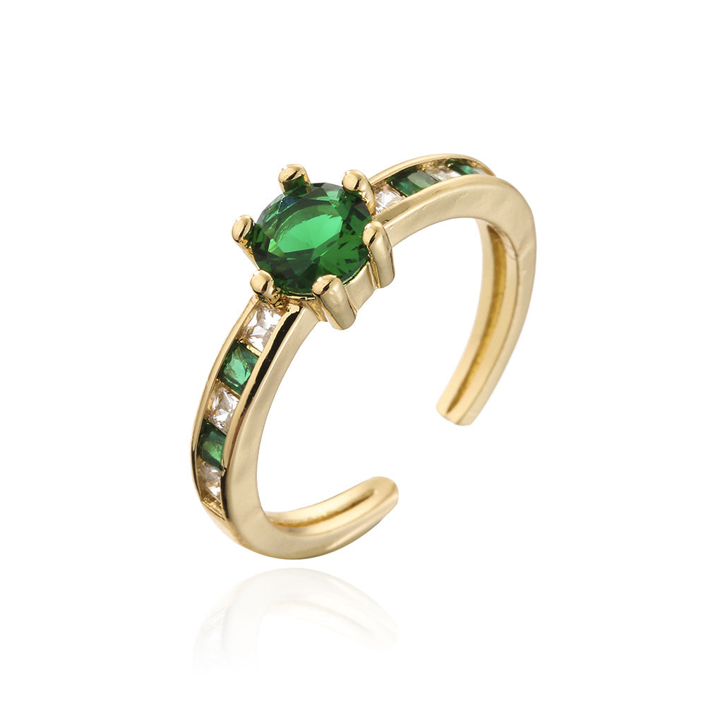 Vintage Minimalist Geometric Copper Ring with 18K Gold Plating and Micro-Paved Green Zirconia for Women