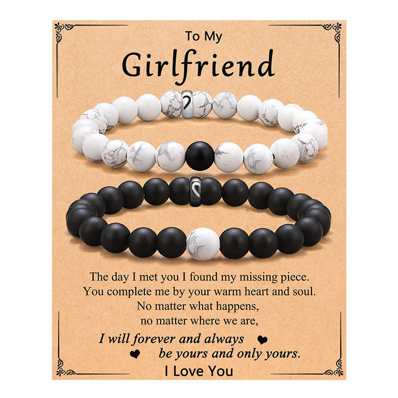 Geometric Black and White Beaded Stainless Steel Bracelet Set for Couples