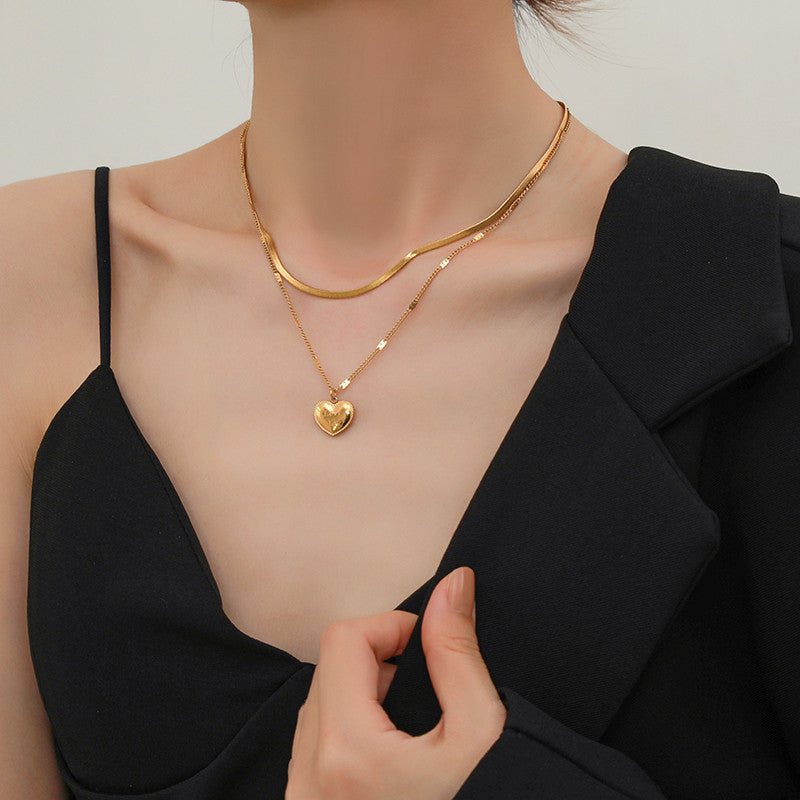 Luxury Style Double-Layer Titanium Steel LOVE Heart Pendant Necklace for Women with Gold-Plated Finish and Snake Chain