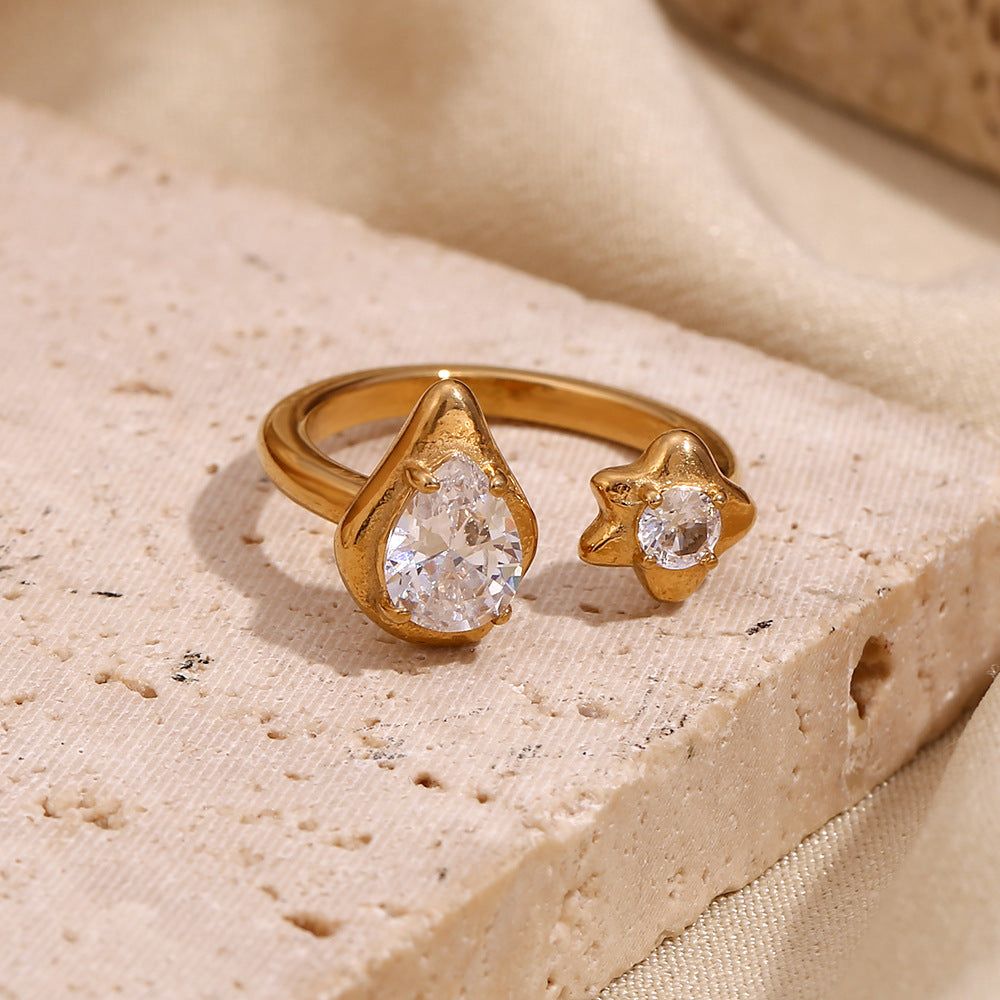 Anello asimmetrico da donna a forma di goccia con stella in zircone, in acciaio inossidabile placcato oro 18K