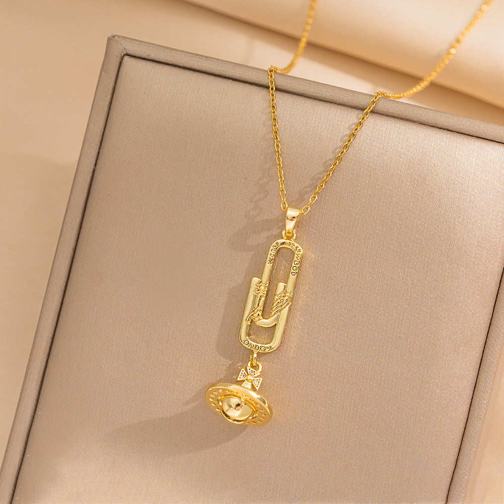 Collana da donna Minimalista in Titanio Acciaio Placcato con Fermaglio a forma di Graffetta e Disco Volante/Pianeta Geometrico