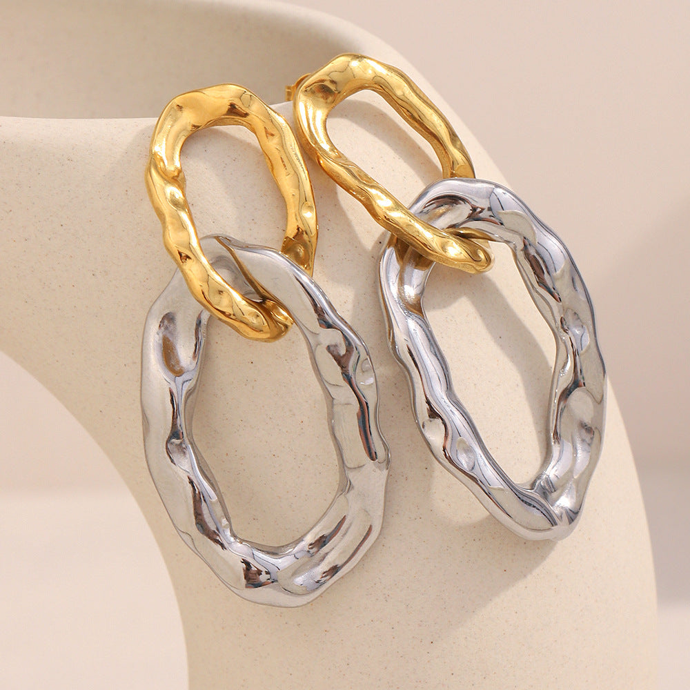 Minimalist Modern Geometric Stainless Steel Ear Studs with 18K Gold Plating and Hammered Texture for Women