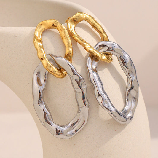 Minimalist Modern Geometric Stainless Steel Ear Studs with 18K Gold Plating and Hammered Texture for Women