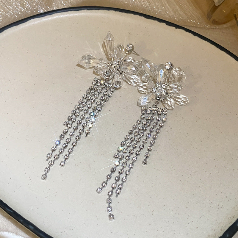 Eleganti Orecchini Pendenti Floreali con Perle e Strass in Argento 925, Stile Lusso Artigianale da Donna