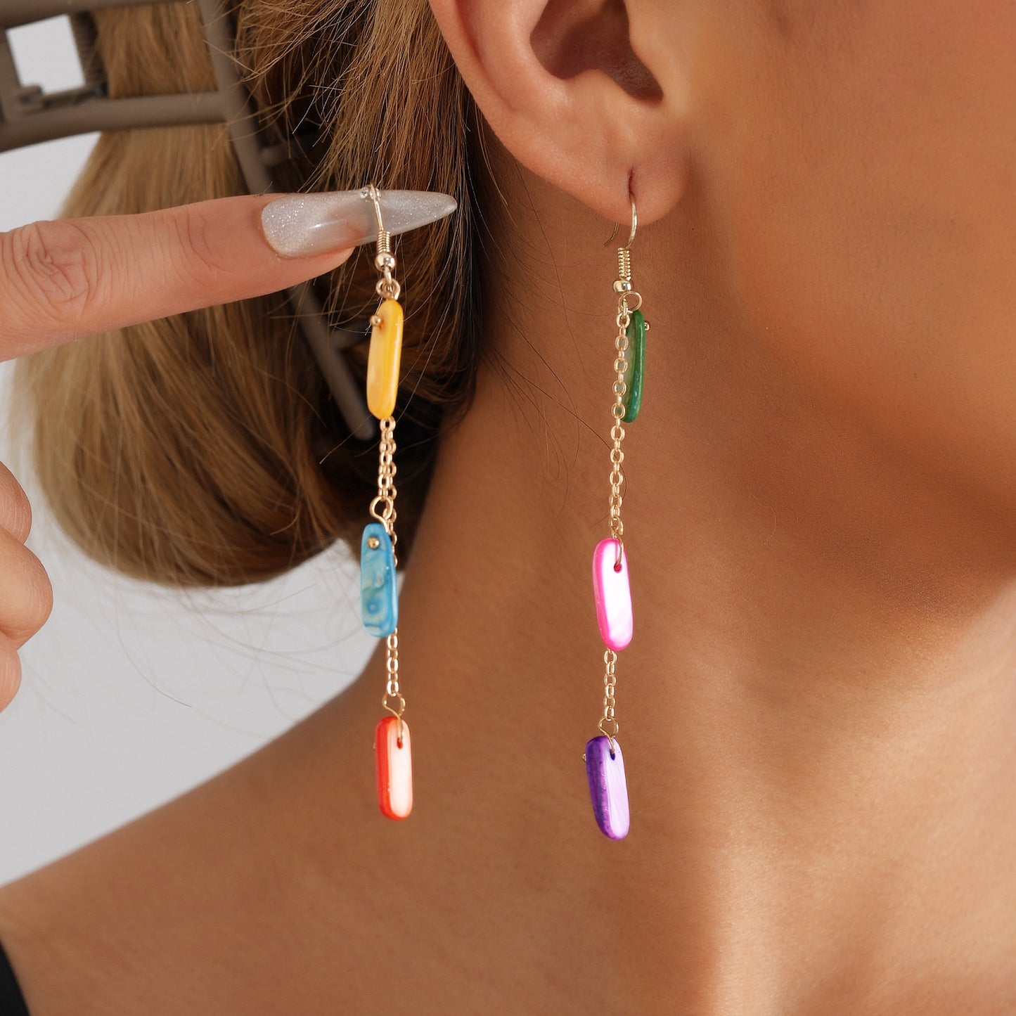 Minimalist Geometric Large Hoop Earrings for Women with Enamel Finish and Colorful Shell Accents