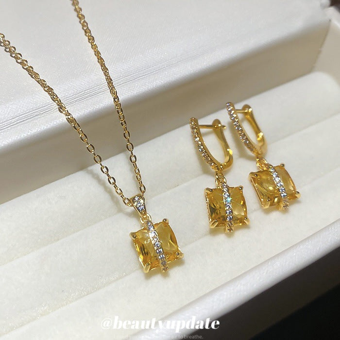 Set collana e orecchini da donna in rame intarsiato con zirconi quadrati, stile vintage elegante
