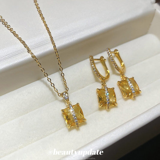 Vintage Elegant Square Zircon Inlay Copper Necklace and Earring Set for Women