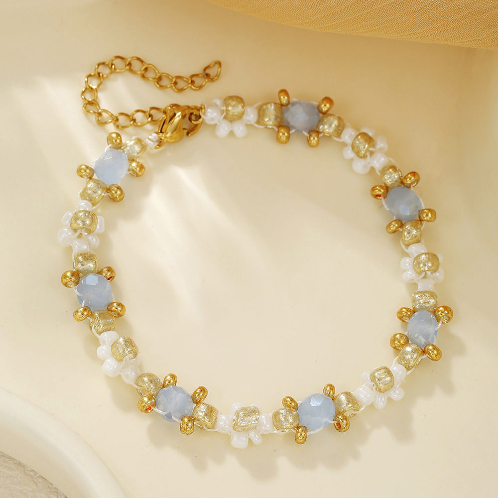 Vintage Handmade Geometric Floral Glass Bead and Pearl Bracelet for Women