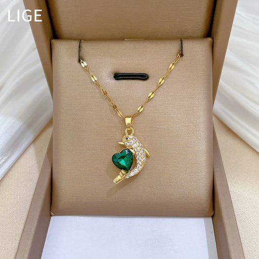 Collar Minimalista de Delfín con Corazón Verde para Mujer, Cadena Delicada de Acero Inoxidable para Clavícula con Detalles de Diamantes de Imitación