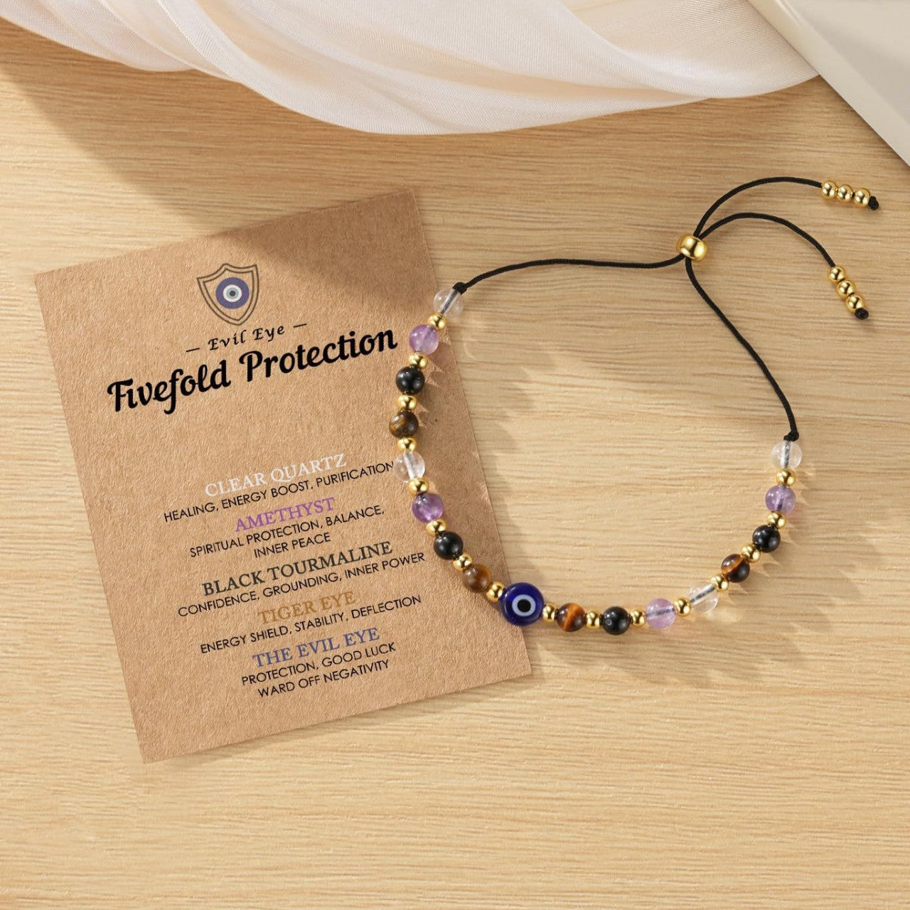 Elegant Geometric Crystal Beaded Bracelet with Evil Eye Charm and Adjustable Drawstring Closure for Women