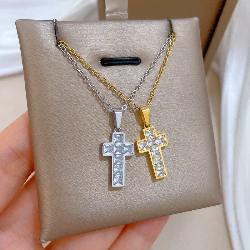 Sweet Cubic Zirconia Cross Plated Titanium Steel Necklace Curb Chain Unisex