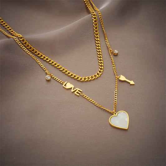 Collana a doppia catena minimalista a forma di cuore in acciaio in titanio placcato, per clavicola