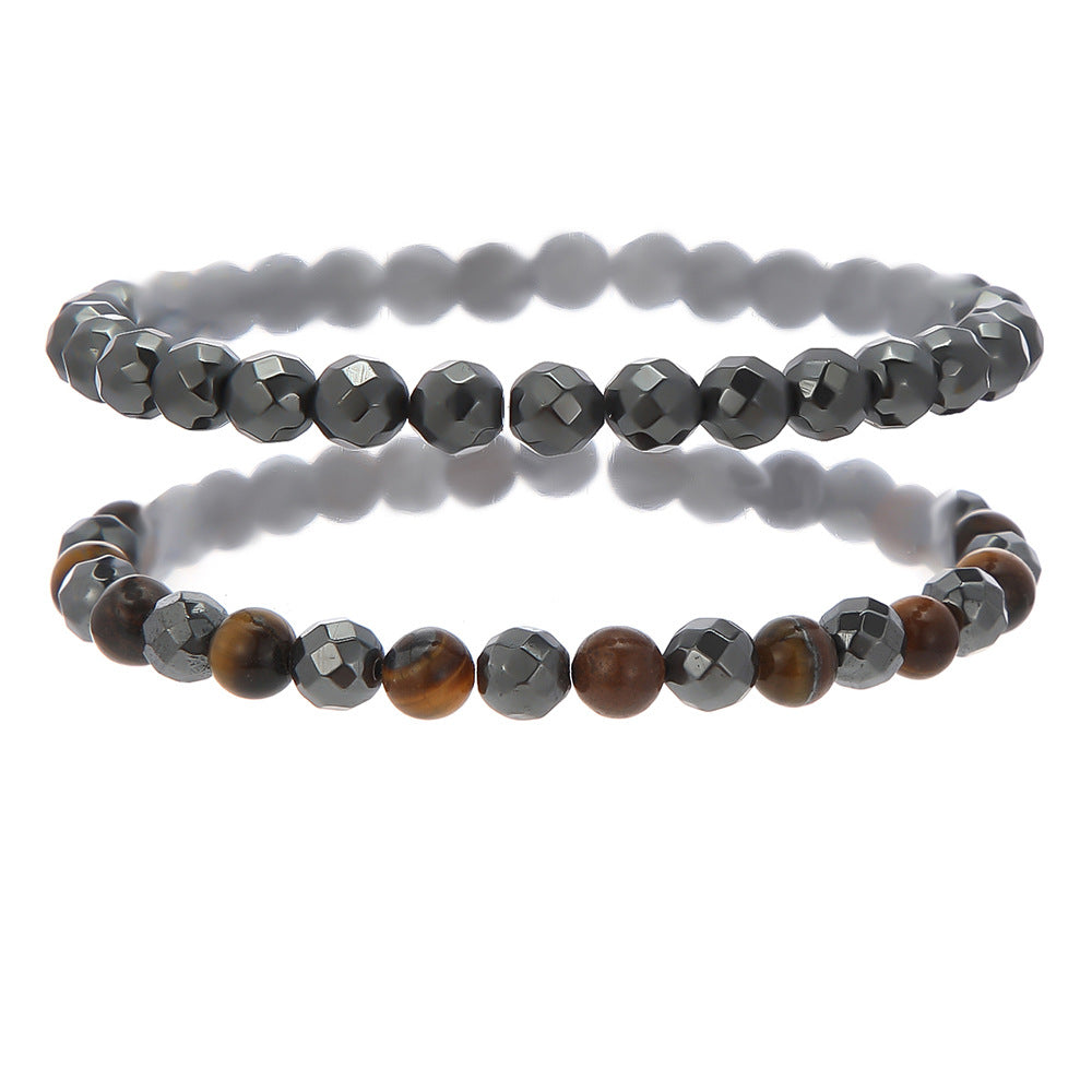 Business Geometric Round Tiger Eye and Hematite Handmade Beaded Stretch Bracelet for Men and Women