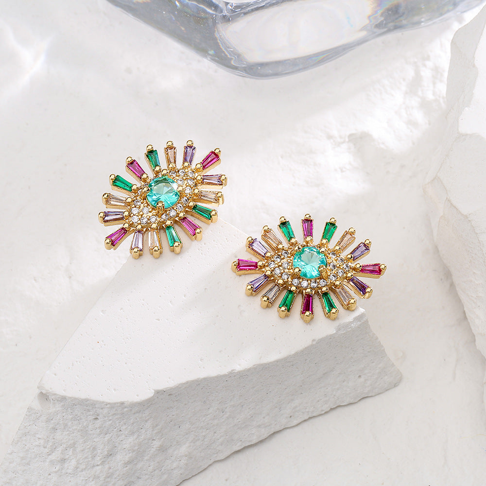 Geometric Copper Earrings with 18K Gold Plating and Micro-Paved Zirconia Eyes for Women