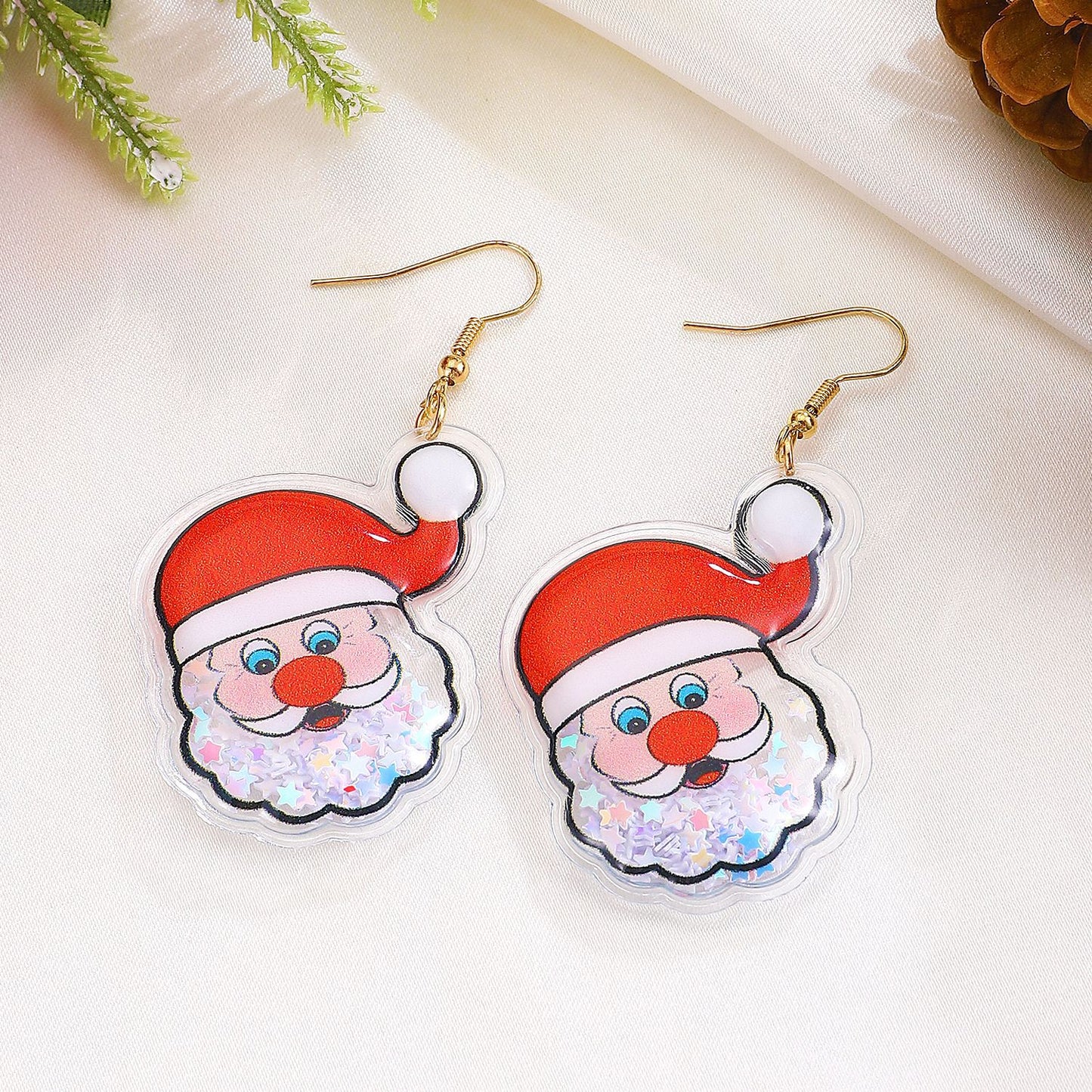 Pendientes de tela con forma geométrica, puños para las orejas de Papá Noel tejidos a mano para mujeres con detalles festivos de cascabeles