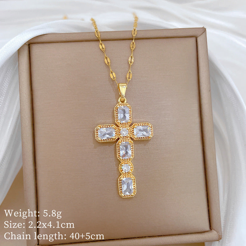 Sweet Minimalist Rhinestone Cross Titanium Steel Necklace Curb Chain Unisex