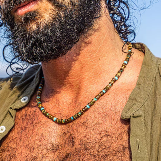 Hip-hop Geometric Wood and Turquoise Beaded Necklace for Unisex
