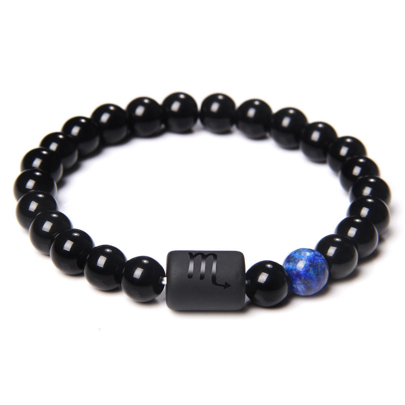 Unisex Adjustable 8mm White Crystal Tiger Eye Obsidian Zodiac Beaded Bracelet
