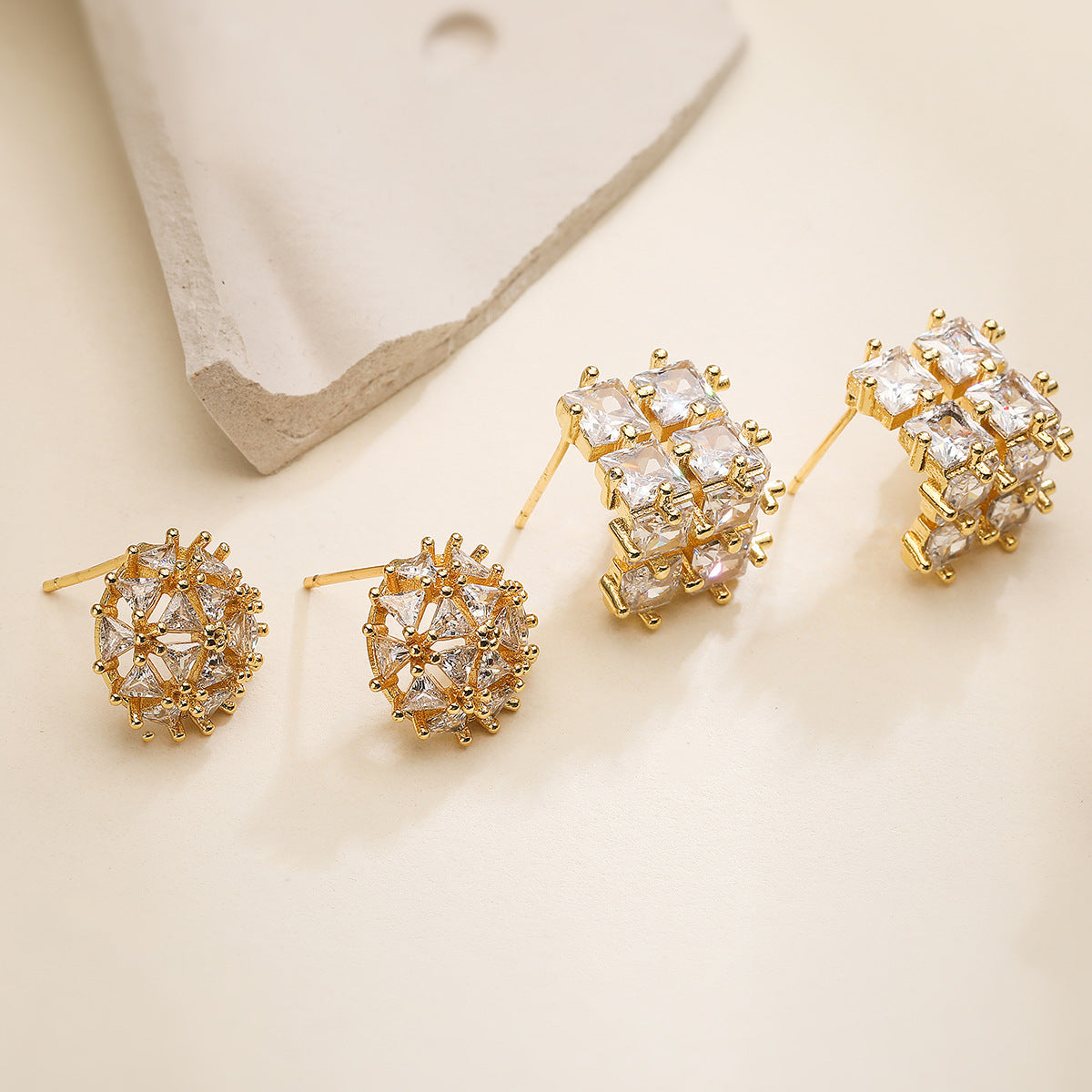 Minimalist Geometric Copper Stud Earrings with Micro-Pave Zirconia for Women