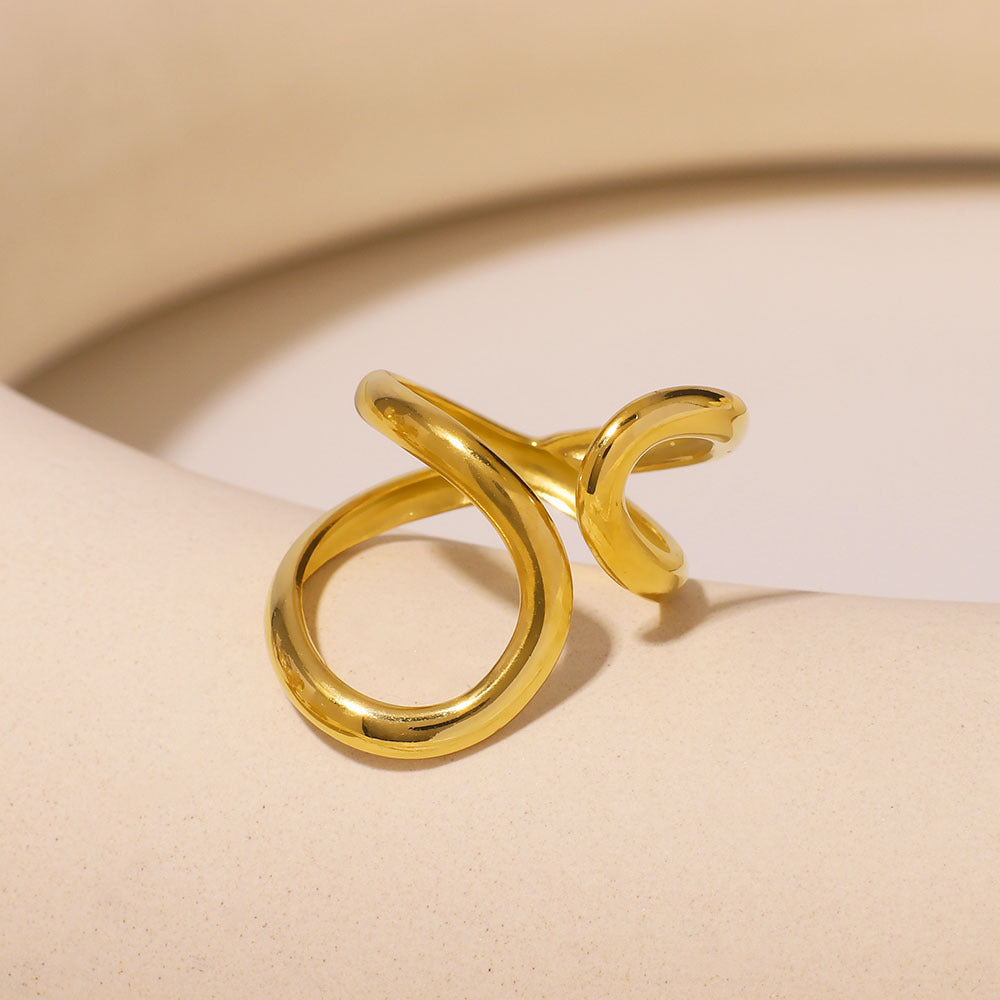 Minimalist Stainless Steel Ring with 18K Gold Plating, Asymmetrical Double Teardrop Shape, Geometric Design Hand Jewelry