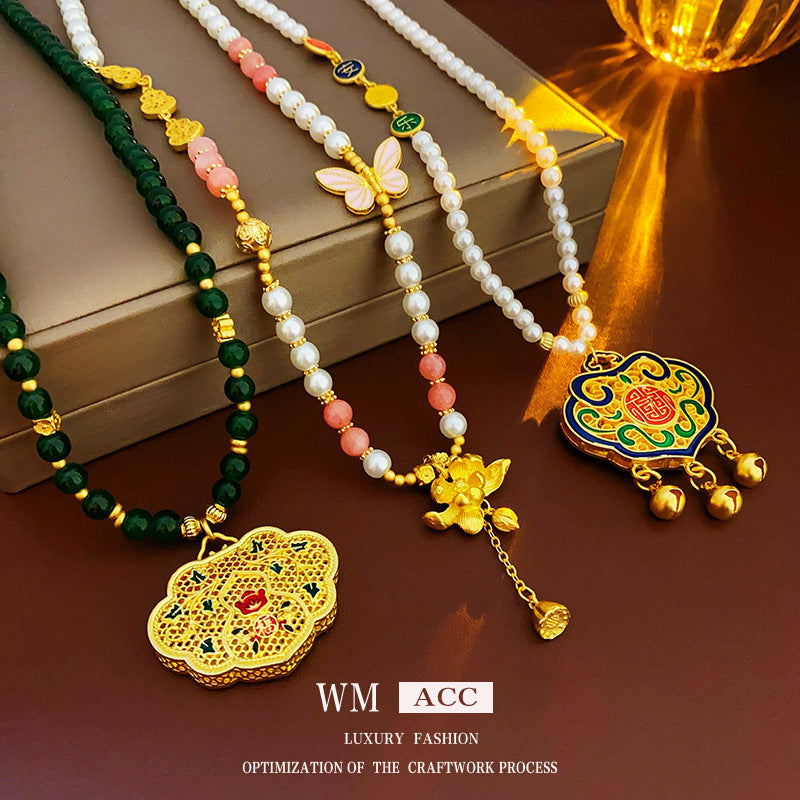 Vintage Floral and Geometric Alloy Pendant Necklace with Lucky Lock and Lotus Motif for Women