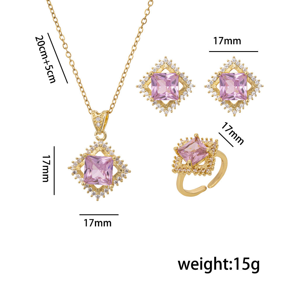 Fashion Minimalist Square Zirconia Inlaid Titanium Steel Necklace Earrings Bracelet Set for Women with Wave Chain and Hypoallergenic Plating
