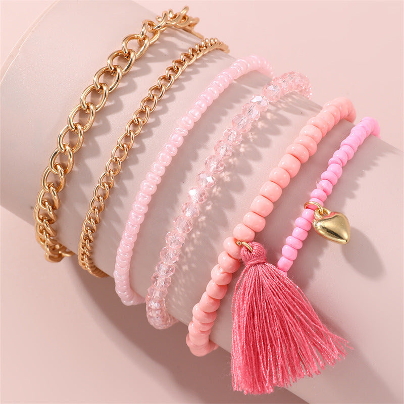 Set di braccialetti minimalisti con perline di vetro a forma di cuore per ragazze, con dettagli in perle e manifattura artigianale