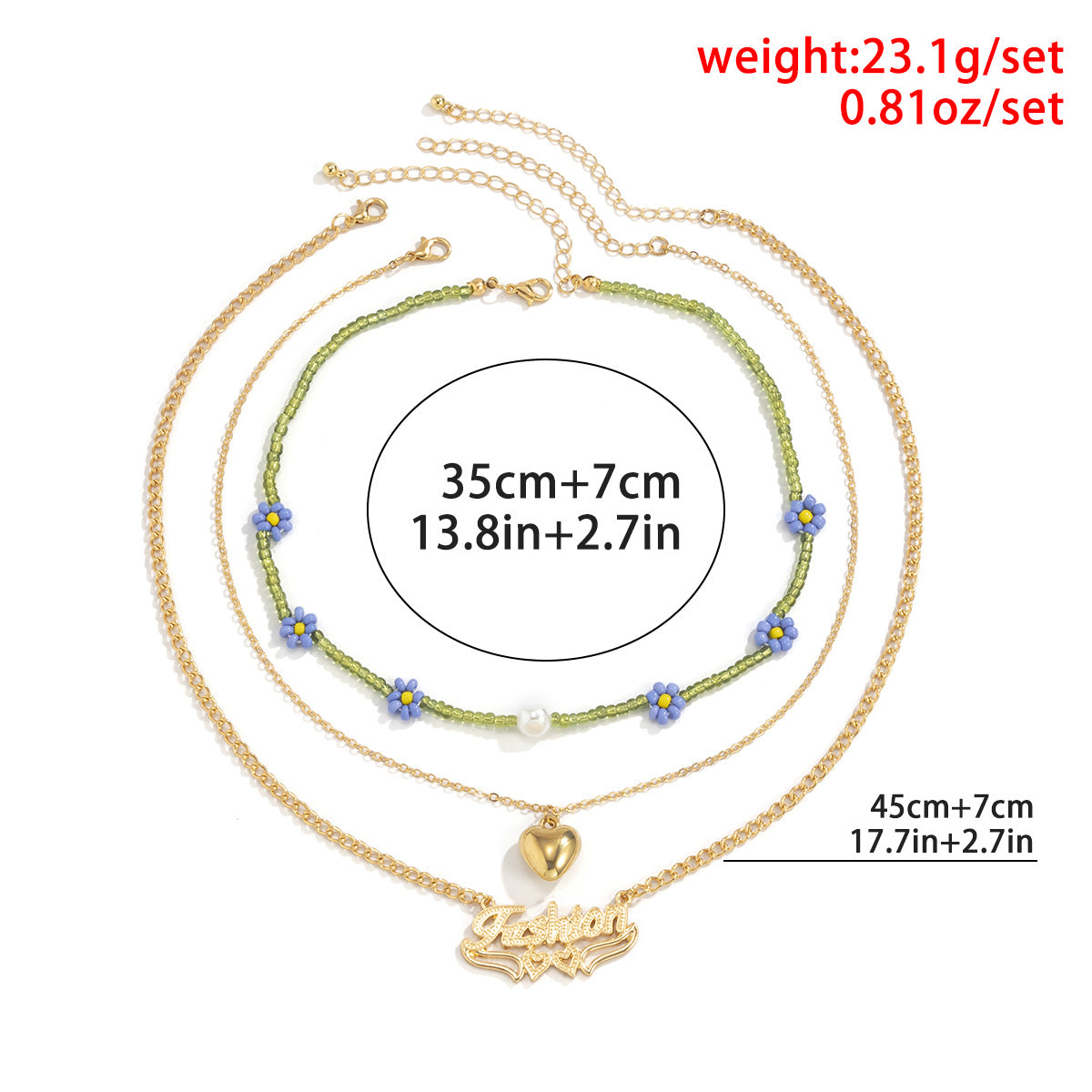 Vintage Sweet Letter Heart Flower Alloy Pearl Ball Chain Necklace for Women