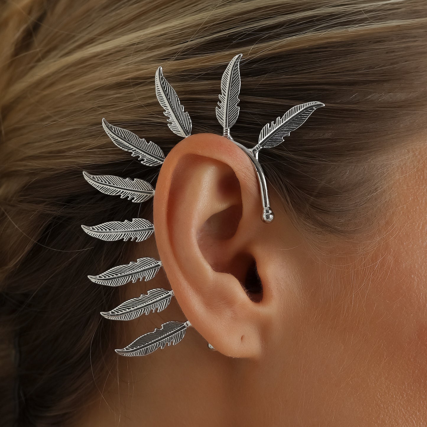 Exaggerated Alloy Plated Feather Ear Cuff for Women