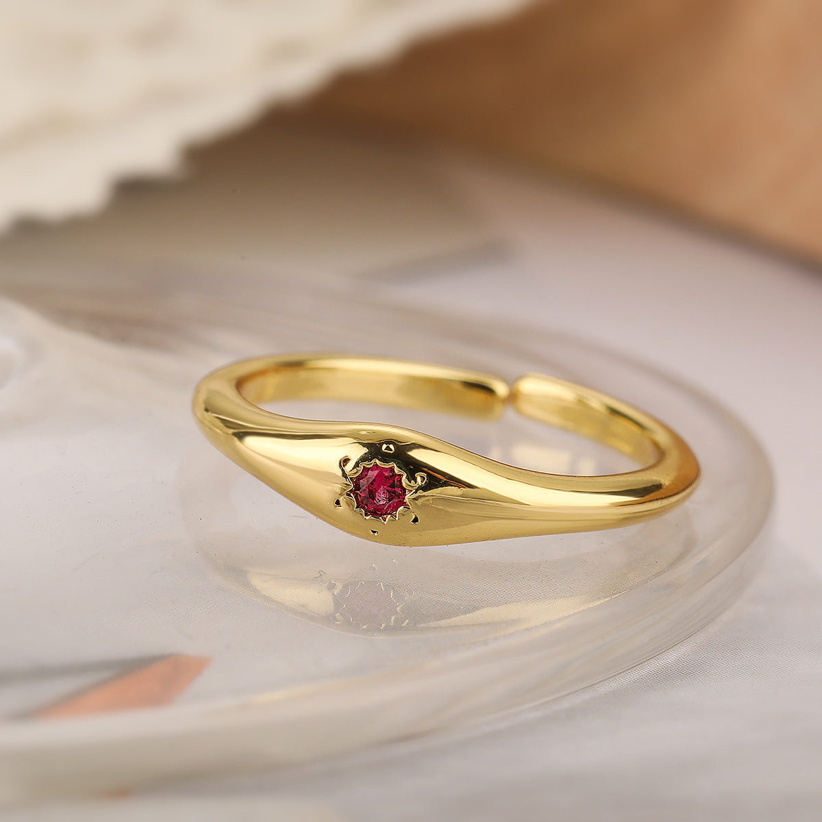 Minimalist Fashion Copper Ring with 18K Gold Plating and Zircon Inlay for Women, Irregular Open Band Design