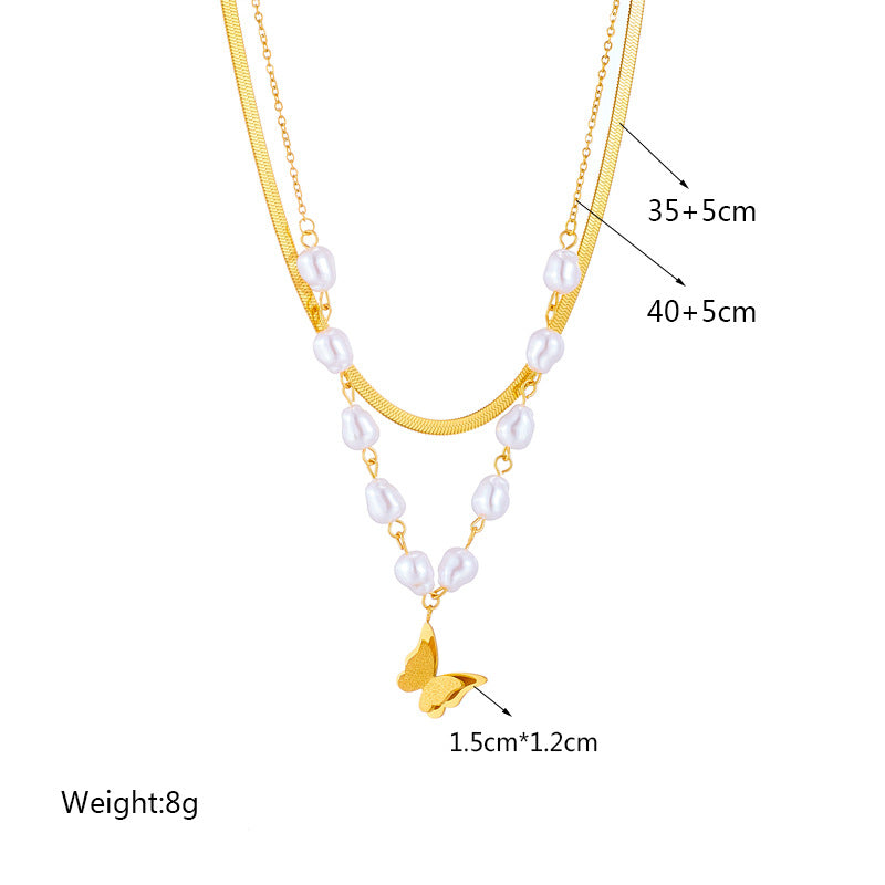 Minimalist Butterfly Pendant Necklace in Titanium Steel with Matte Finish and Double-Layer Chain for Women