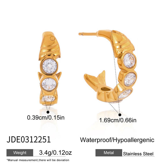 Elegant Stainless Steel Plated Fish Shaped Stud Earrings with Cubic Zirconia for Women