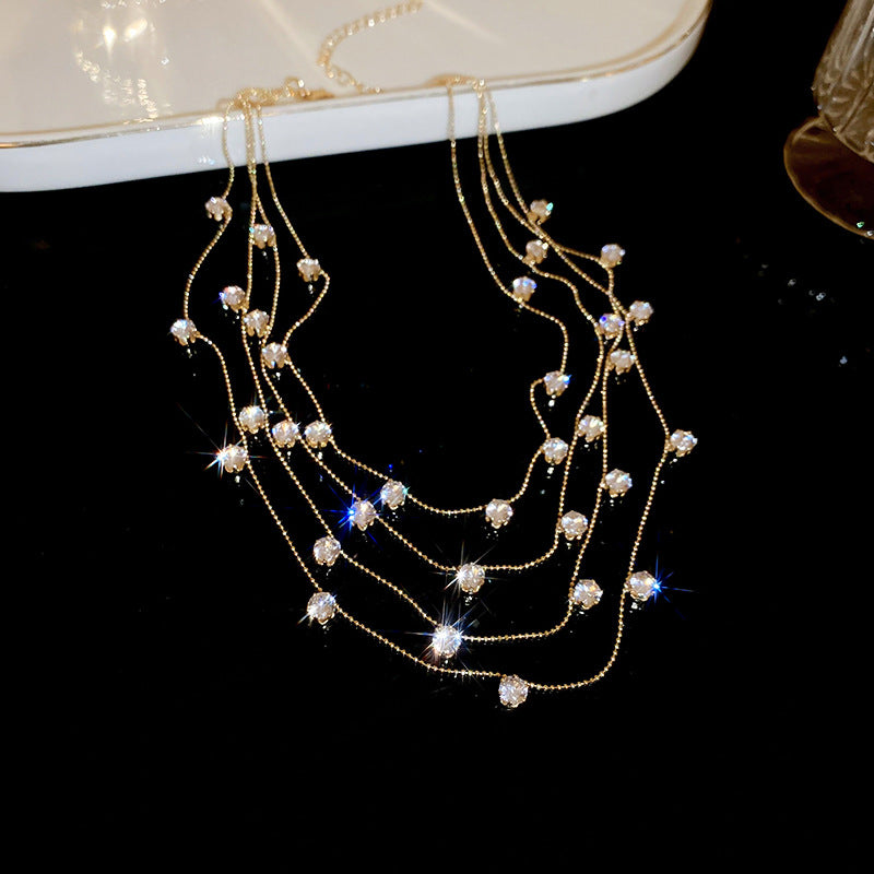 Elegante Collana Multistrato in Zirconi con Forma Geometrica da Donna, Catena alla Clavicola alla Moda con Dettagli Rotondi e Lineari, Gioielli Estivi