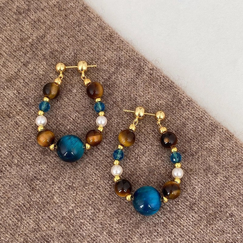 Pendientes de tuerca retro de ojo de tigre geométricos con baño de rodio para mujer, joyería de uso diario minimalista de lujo