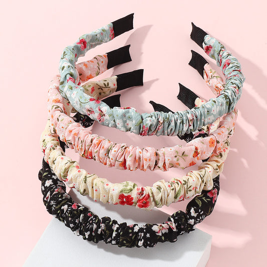 Diadema de tela con volantes y banda ancha con estampado floral retro para niñas, accesorio para el cabello de estilo minimalista veraniego con temática de bosque