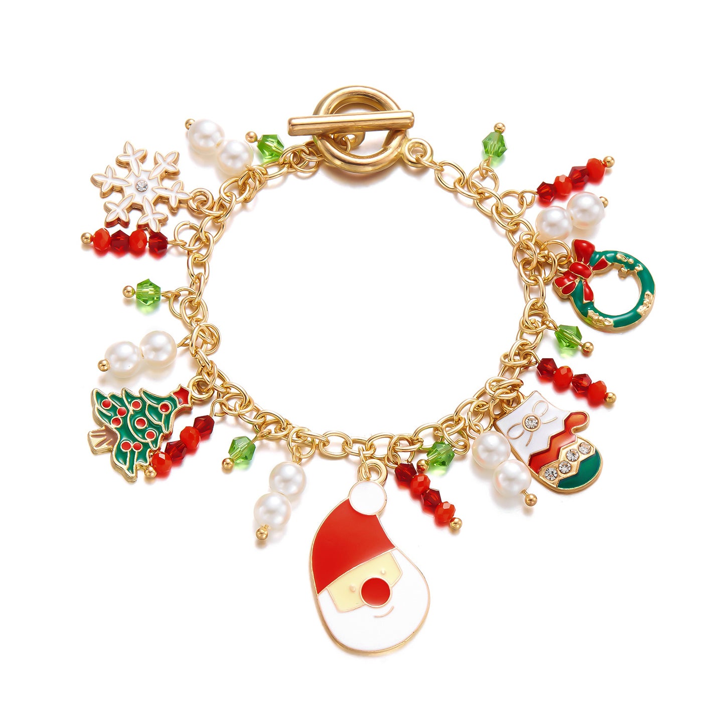 Pulsera creativa con temática navideña para mujer con dijes de Papá Noel, alces y árbol de Navidad en cadena de aleación de hierro con detalles de perlas y cristales.